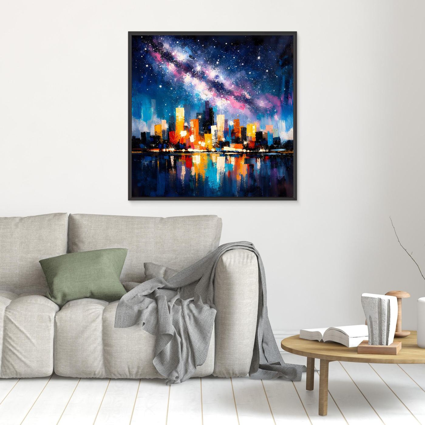 Square city skyline canvas wall art with Milky Way stars and reflections, black frame
