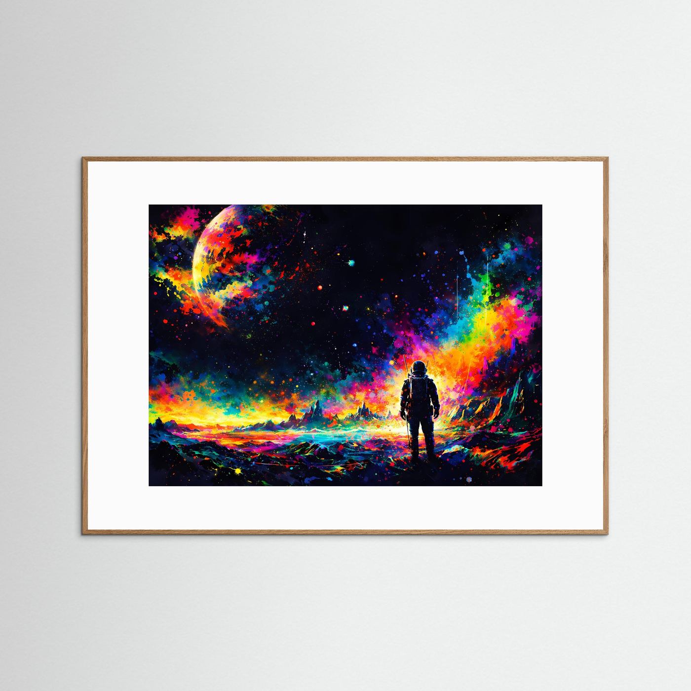 Poster-Wandbild mit Astronaut im Neon-Weltraum-Motiv, naturfarbener Eichenrahmen