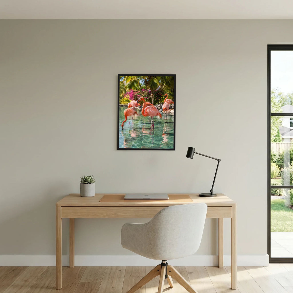 Poster mit rosa Flamingos im Wasser und tropischem Grün, schwarzer Rahmen