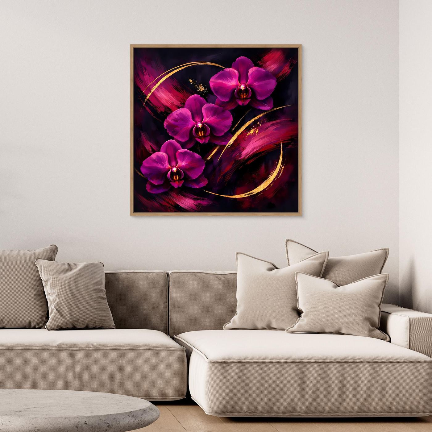 Leinwandbild mit magenta Orchideen und goldenen geschwungenen Linien im dunklen Stil, Eichenrahmen