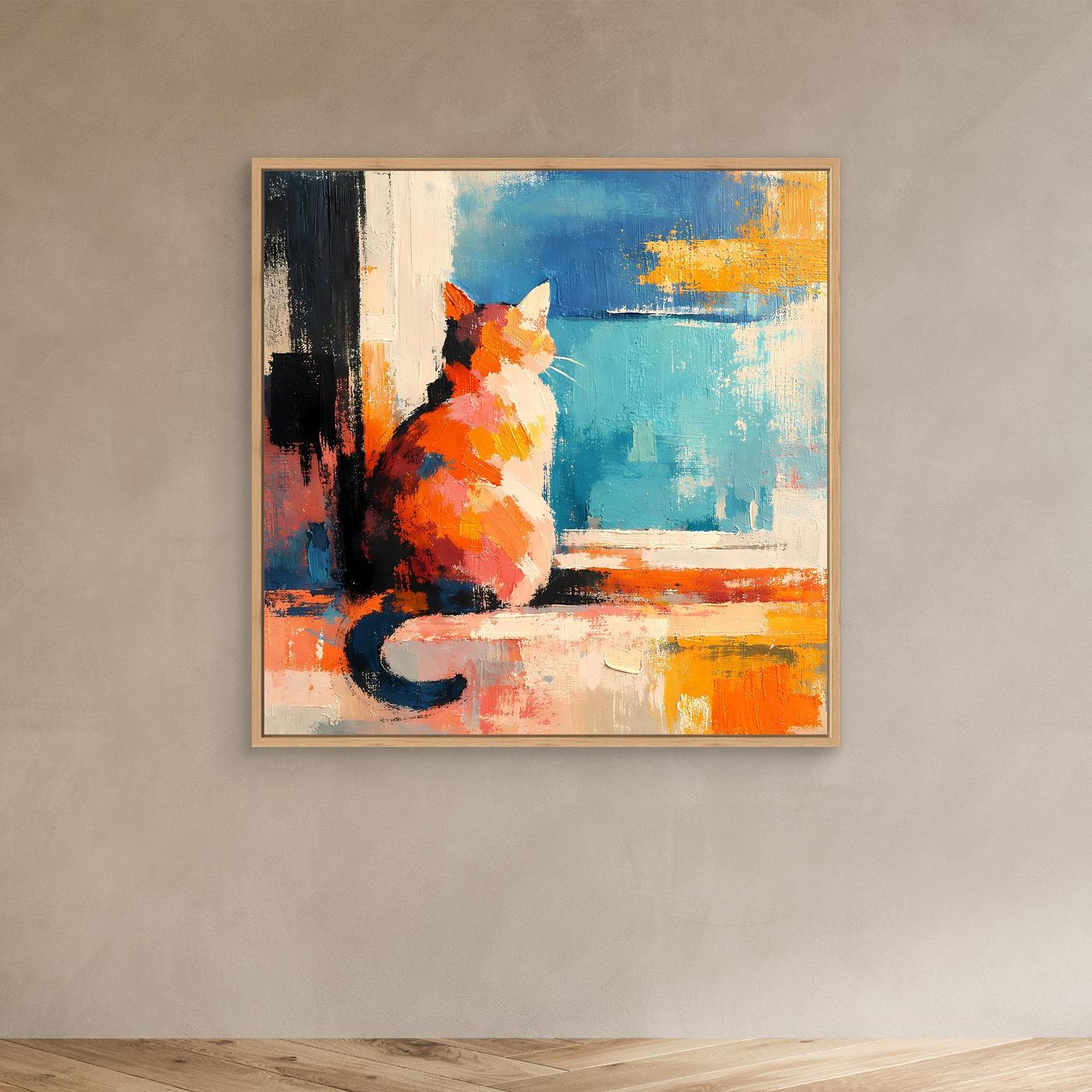 Light wood-framed canvas wall art of a colorful orange cat by a window