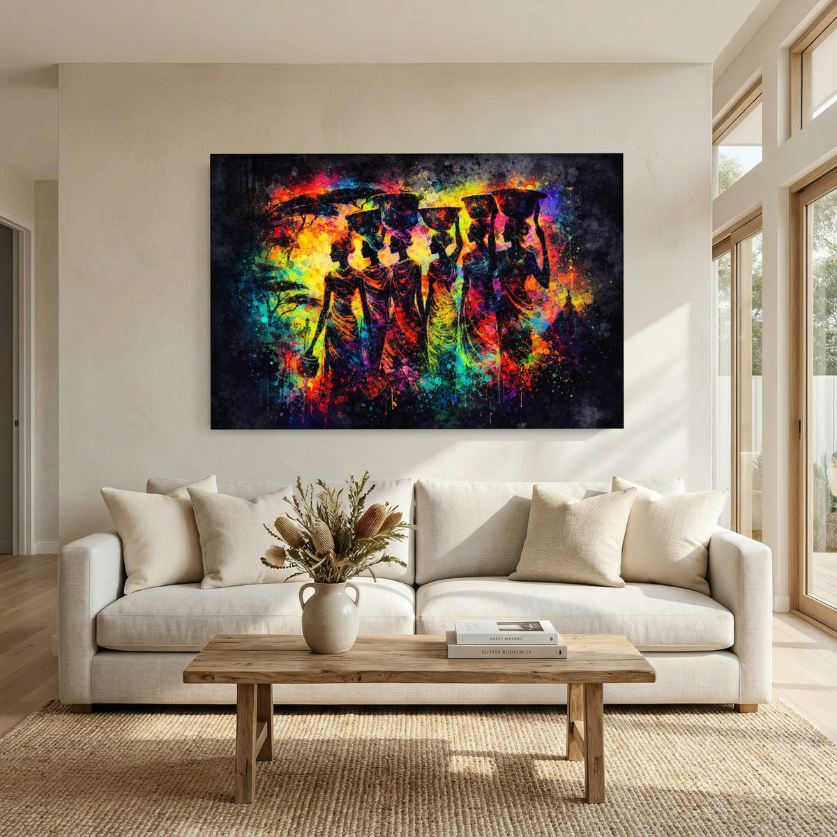 Gerahmtes Wandbild mit farbenreicher Farbexplosion und Silhouetten afrikanischer Frauen