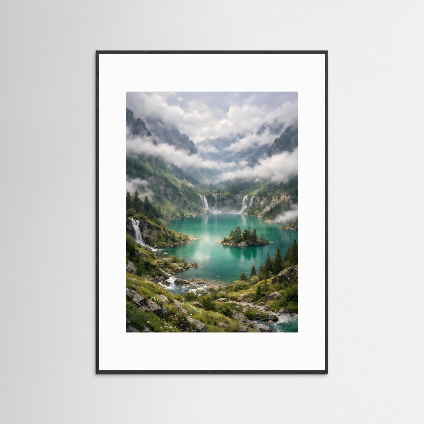Poster im Hochformat mit türkisgrünem Bergsee und Wasserfall, schwarzer Rahmen und Rand