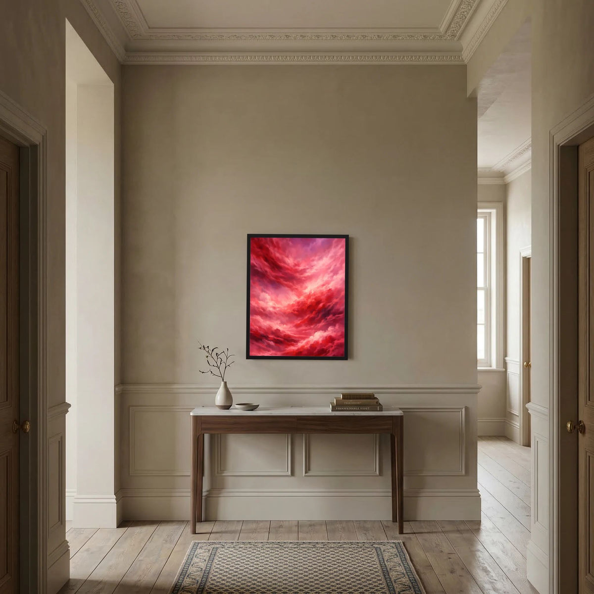 Gerahmtes Poster mit abstraktem rotem Wolkenhimmel und rosa Lichtstreifen