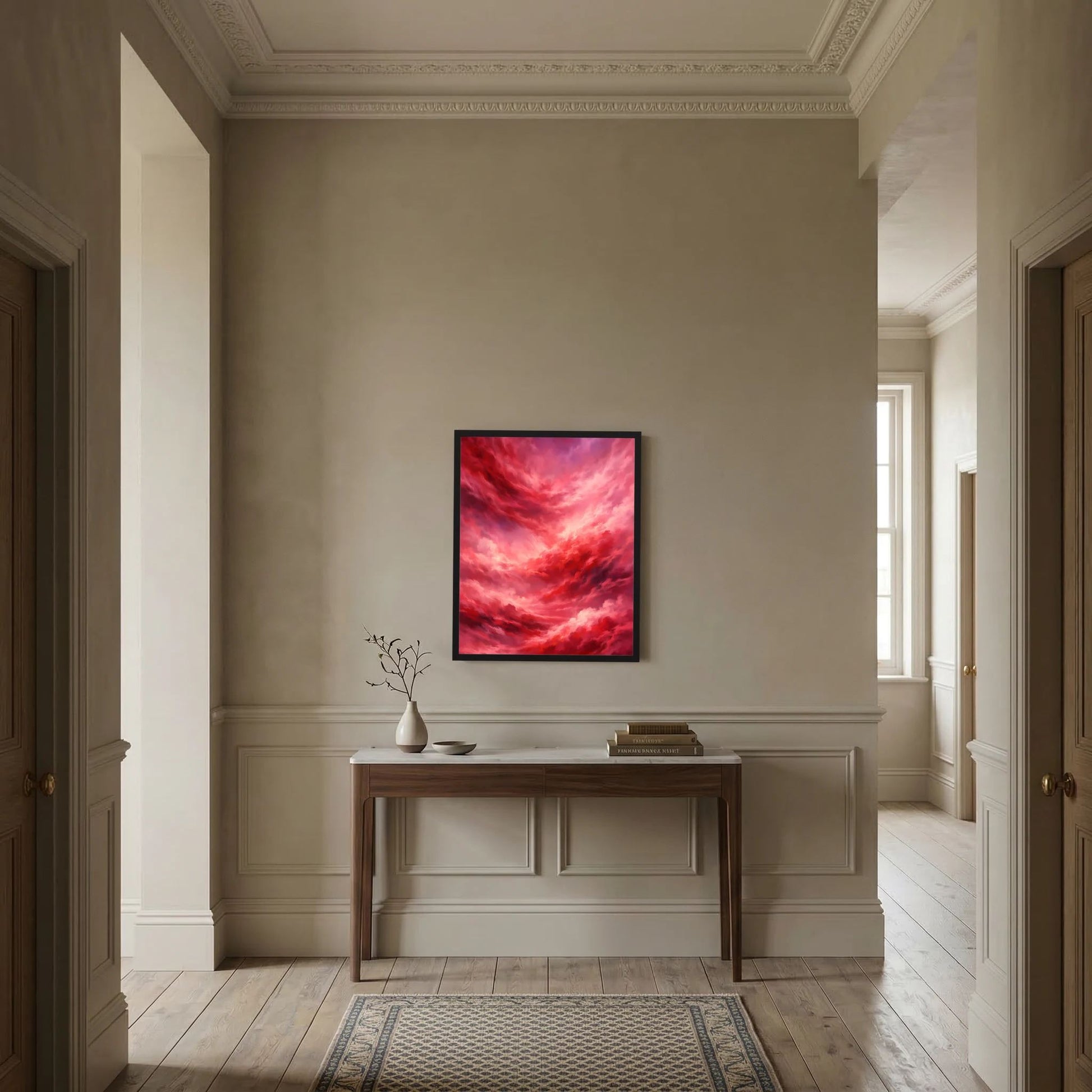 Gerahmtes Poster mit abstraktem rotem Wolkenhimmel und rosa Lichtstreifen