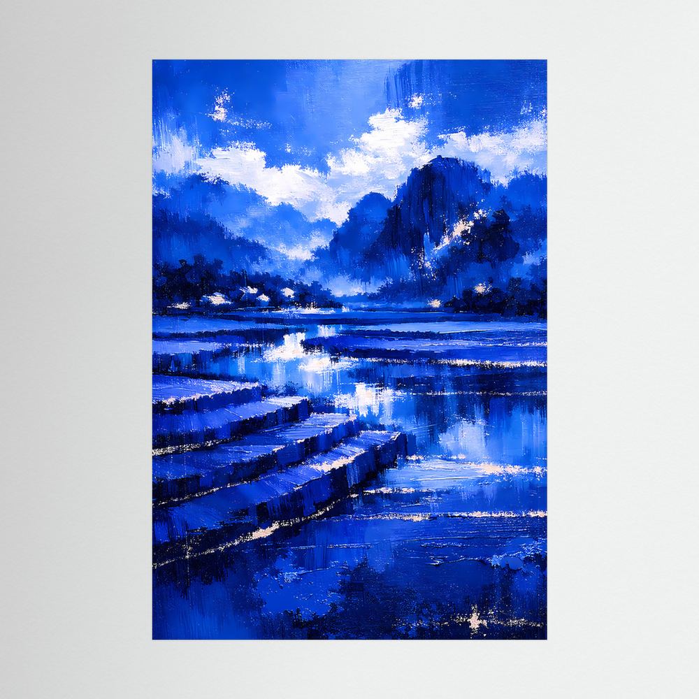 Abstraktes Poster mit blauem Bergsee, reflektierendes Wasser und wolkiger Himmel