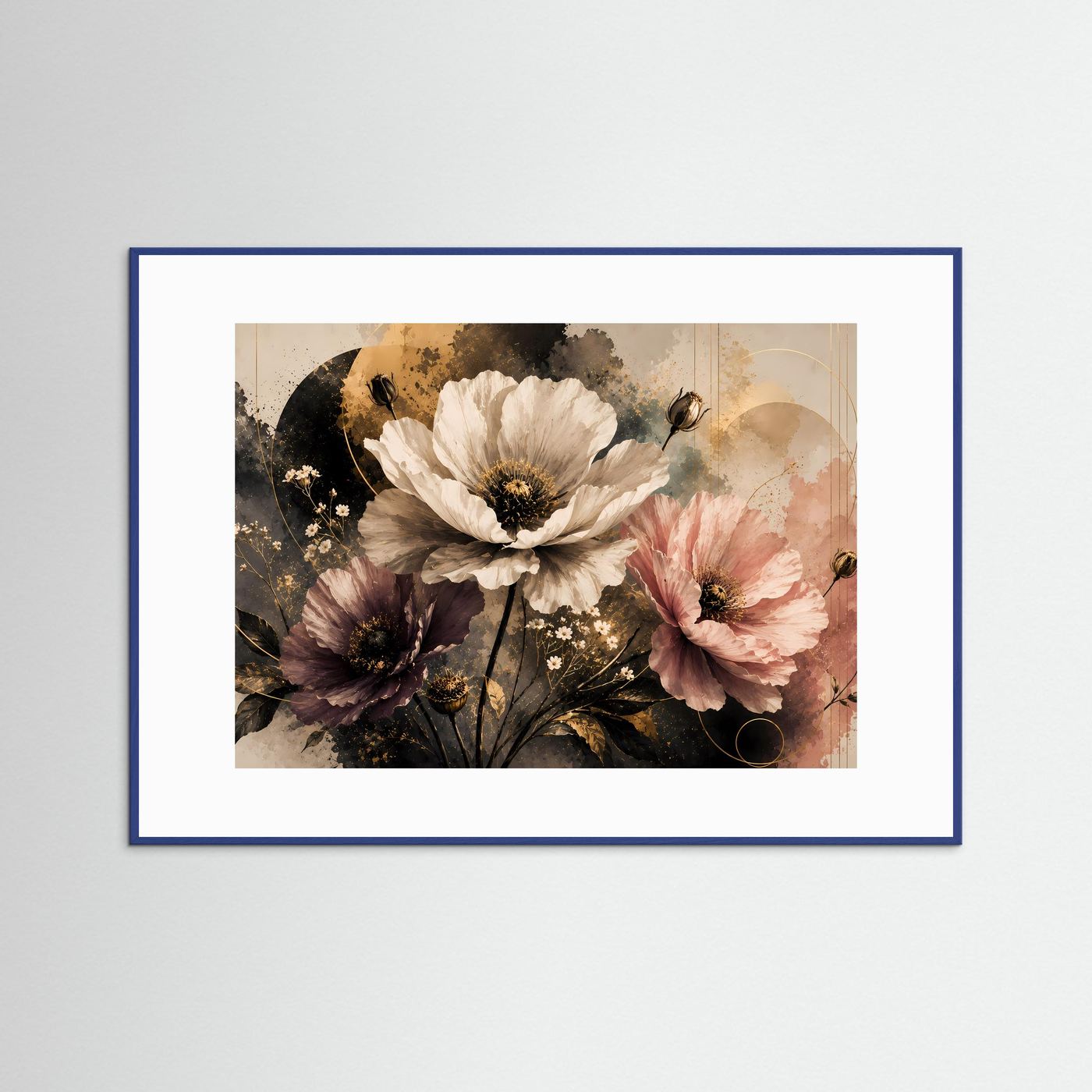 Poster im Querformat mit Mohnblumen in Creme, Rosa und Violett, blauer Rahmen