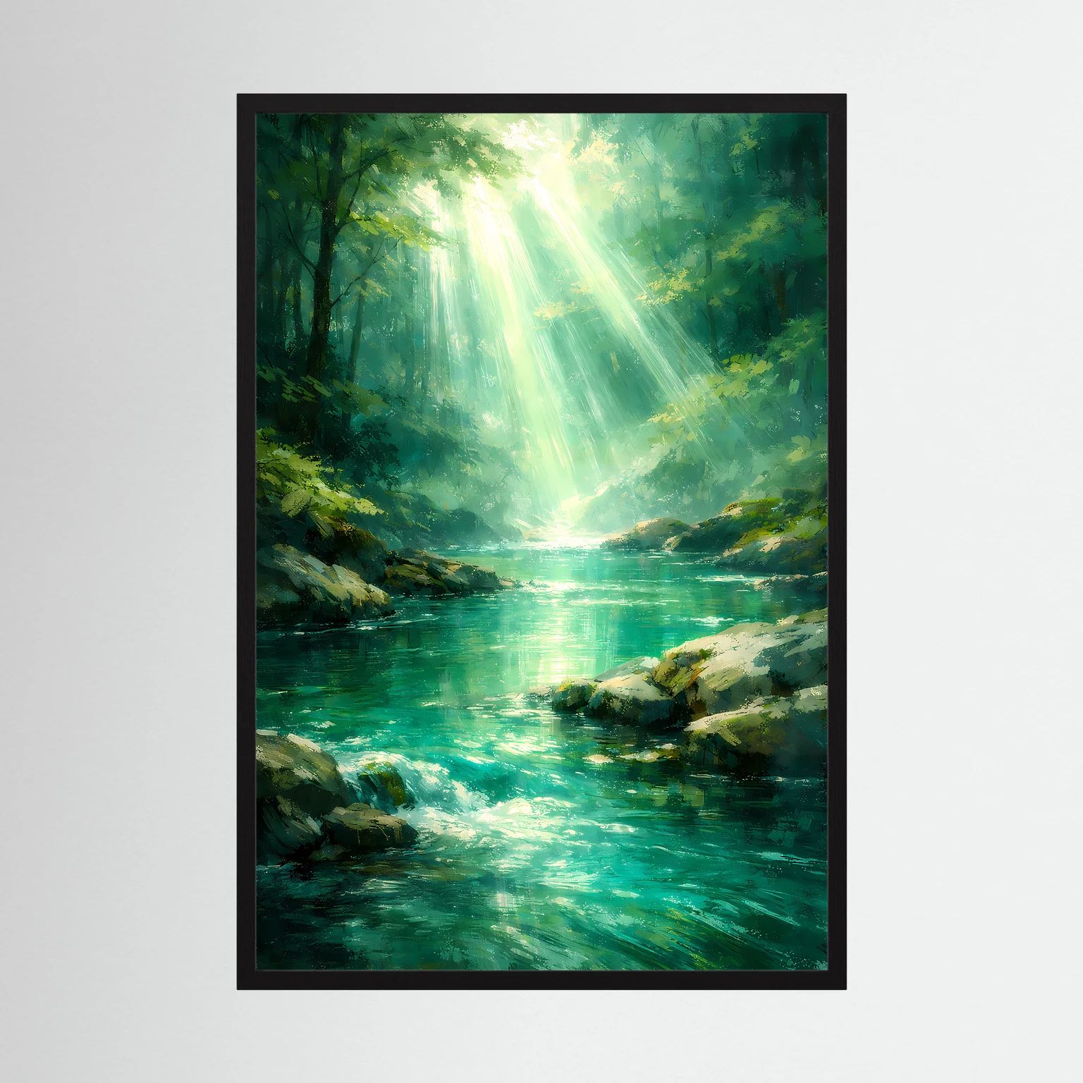 Wandbild im Hochformat mit grünem Fluss im Wald und leuchtenden Sonnenstrahlen, schwarzer Rahmen