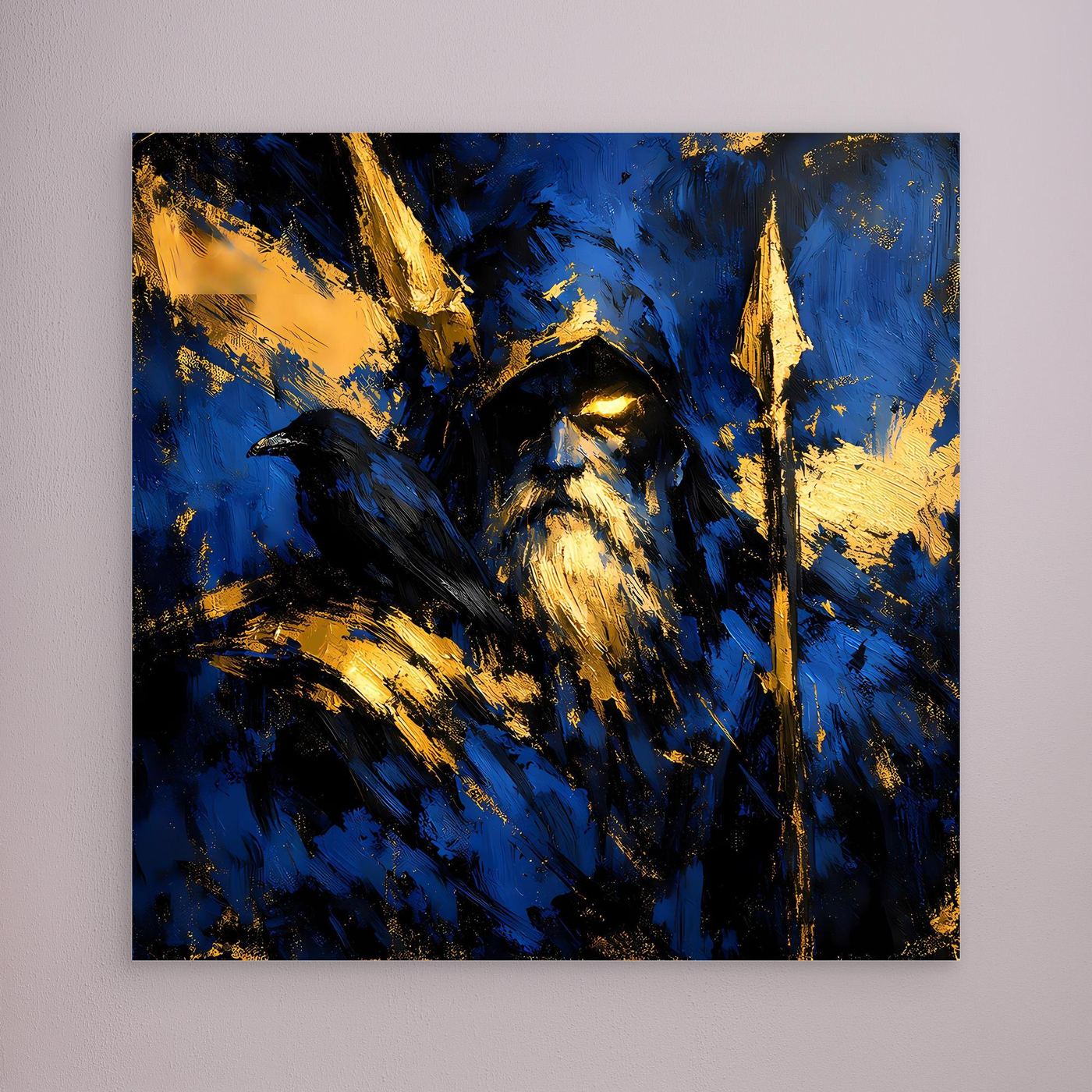 Leinwand Odin der Allvater in Blau und Gold | Modernes Nordische Mythologie Wandbild mit Rabe