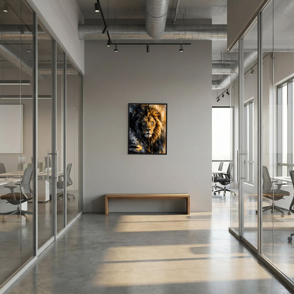 Gerahmtes Löwenposter mit dunklem Löwenkopf und gold leuchtender Mähne im abstrakten Look