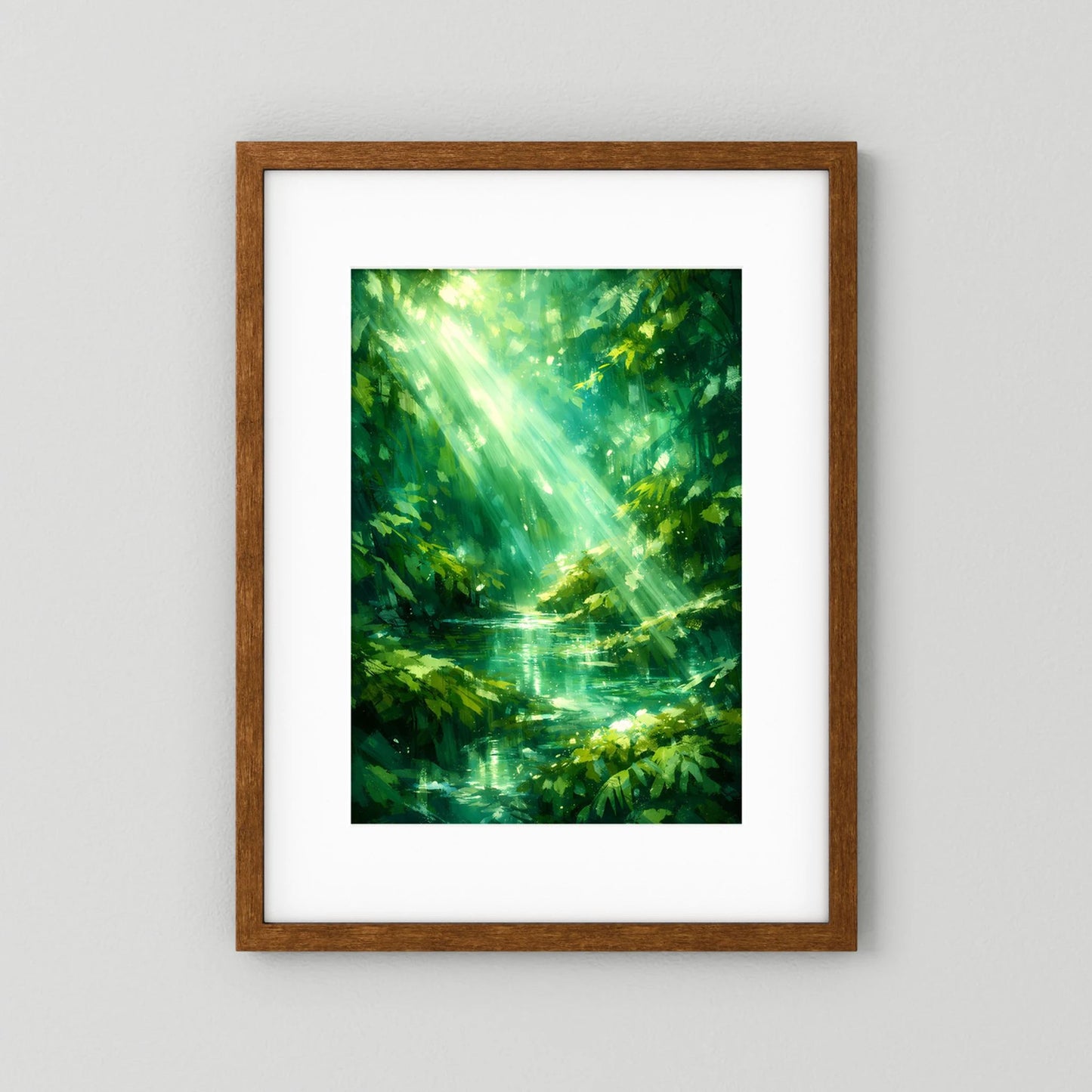 Poster im braunen Holzrahmen mit weißem Rand und grünem Waldsee
