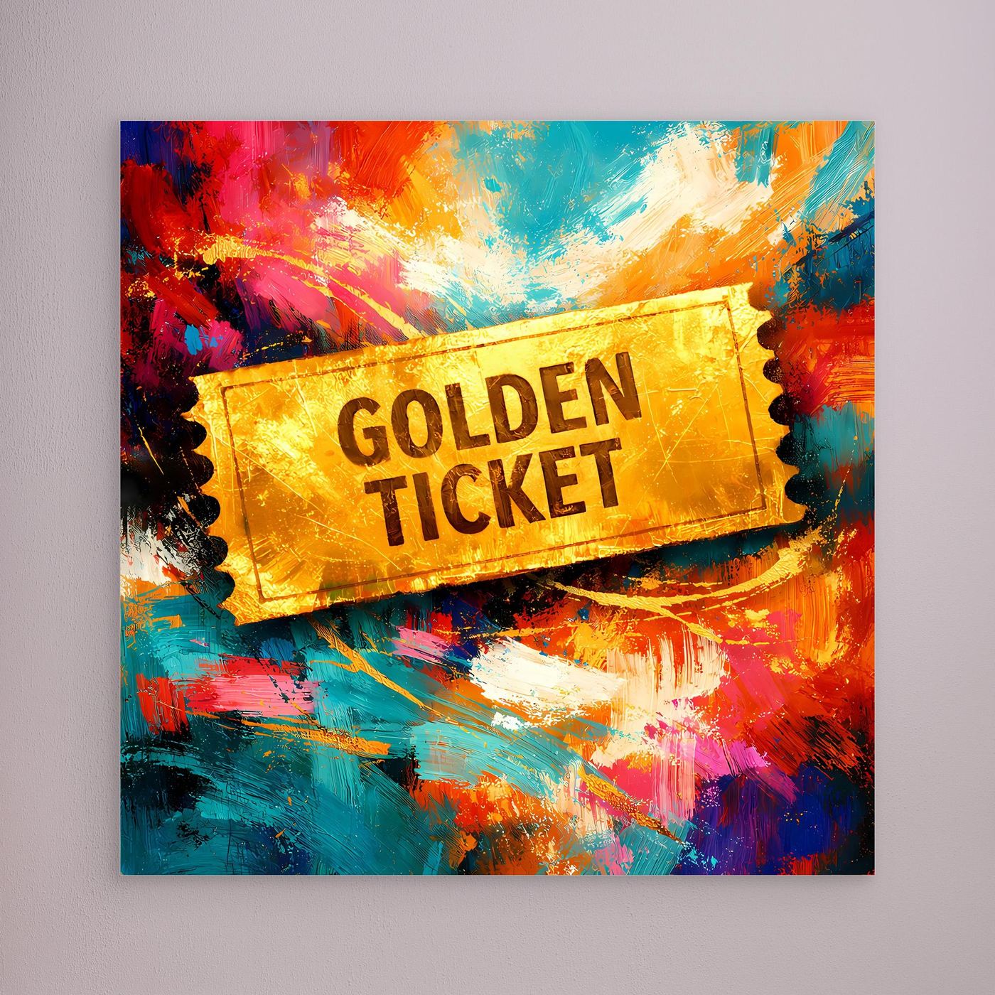 Leinwandbild „Golden Ticket“ mit abstrakter Pop-Art Farbfläche und goldenem Ticketmotiv