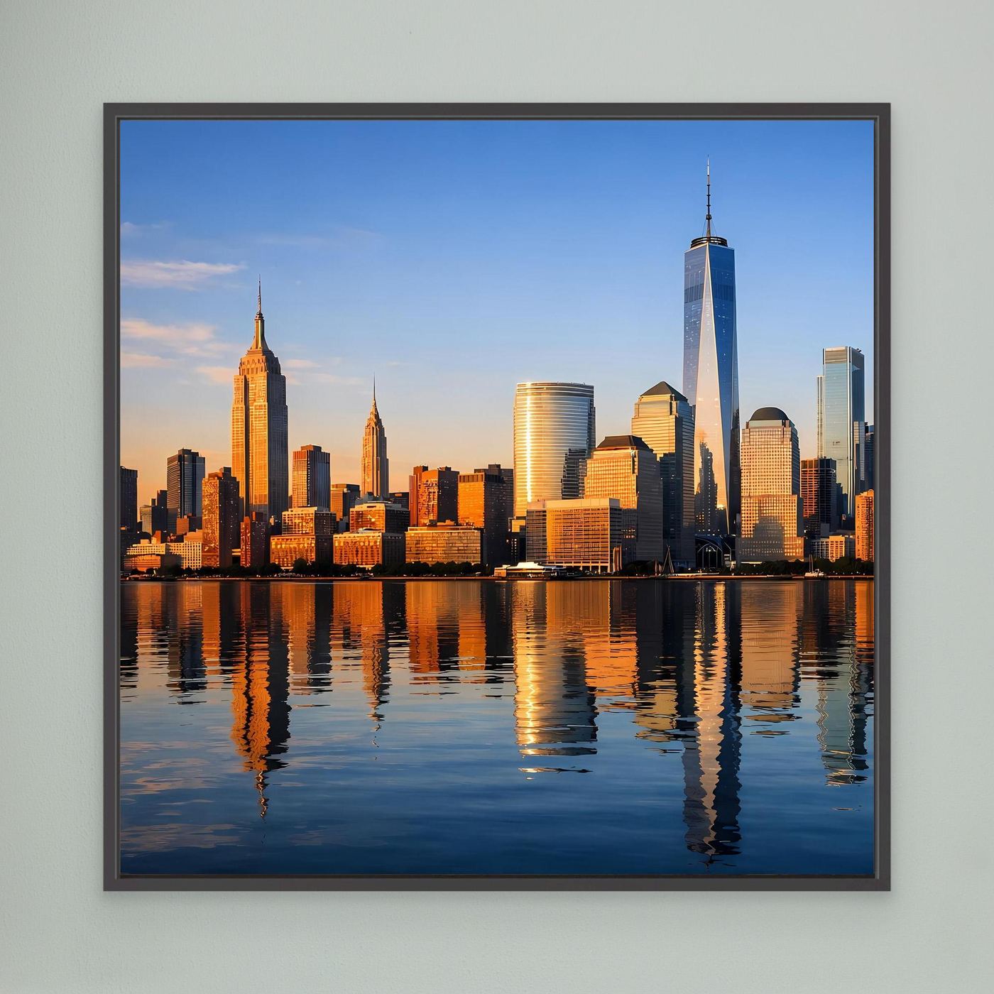 Gerahmtes Leinwandbild mit New-York-Skyline bei Sonnenuntergang und Spiegelung im Wasser