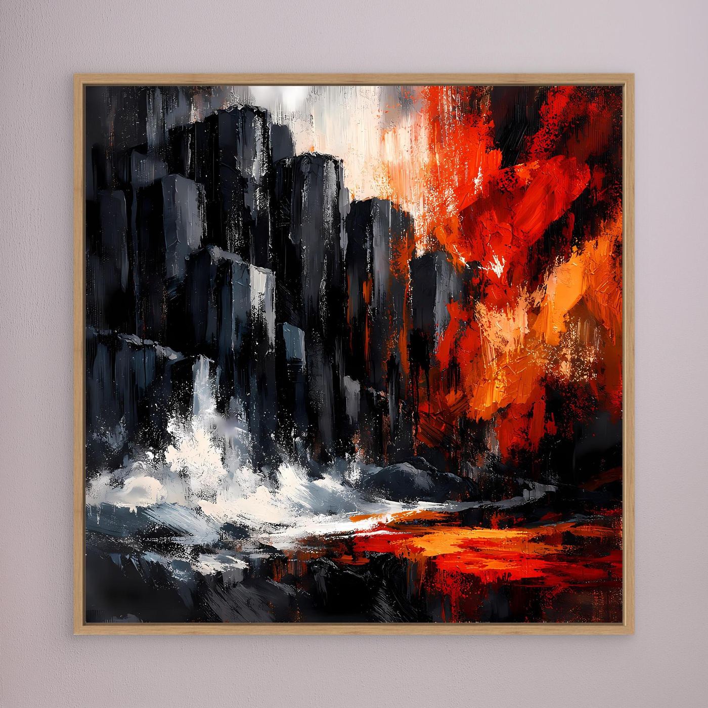 Gerahmtes Leinwandbild mit Holzrahmen: schwarze Klippen, rote Sonne, weißer Wassernebel