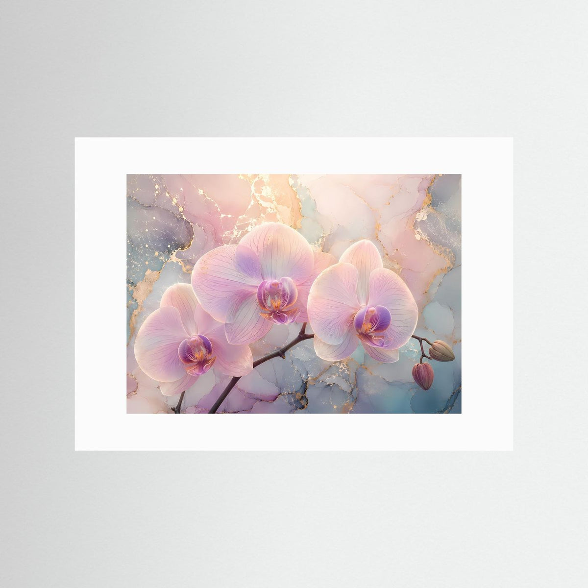 Orchideen-Wandbild im weißen Passepartout mit pastellfarbenen Blüten