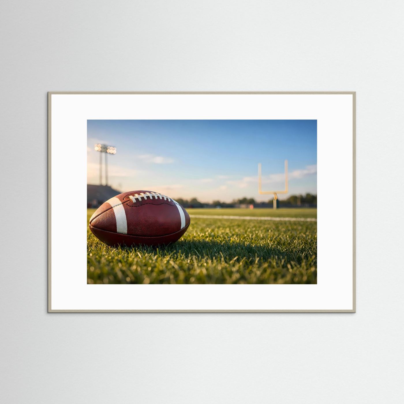 Sportposter Querformat mit American-Football auf grünem Rasen, Stadion-Licht, heller Holzrahmen