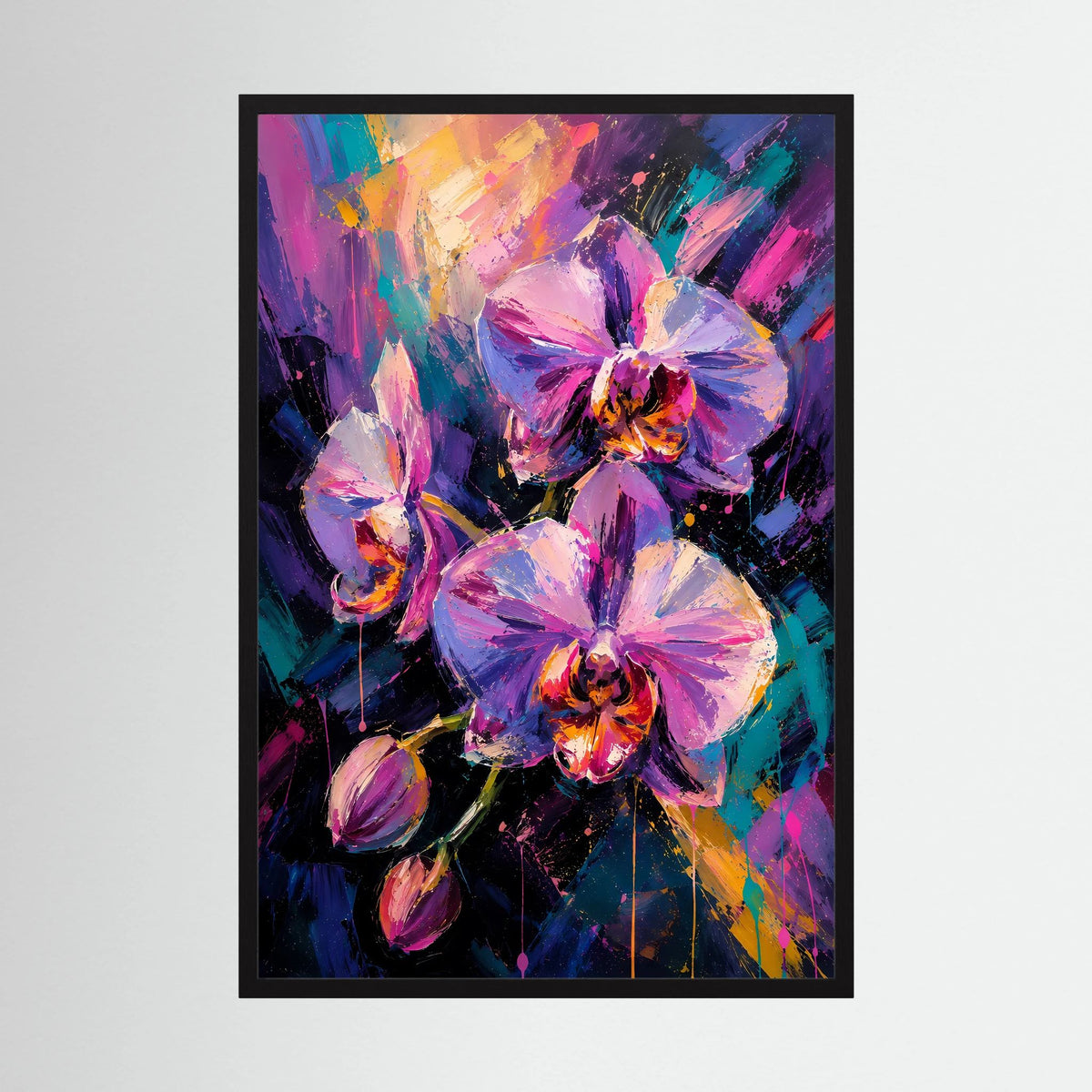 Hochformatiges Poster mit abstrakten Orchideen in Pink und Violett, schwarzer Rahmen