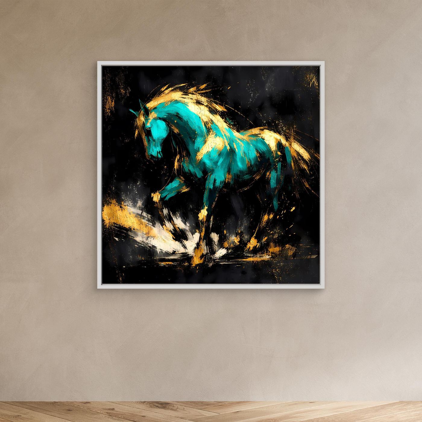 Leinwand Kraftvolles Pferd in Türkis und Gold | Modernes Abstraktes Wildtier Wandbild