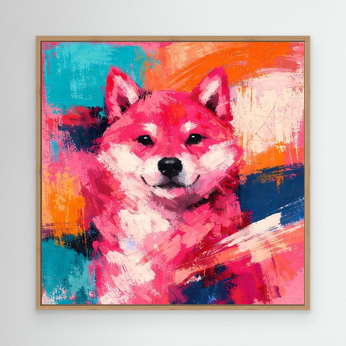 Shiba-Inu-Wandbild mit Eichenrahmen, Pop-Art-Porträt in Pink, Blau und Orange