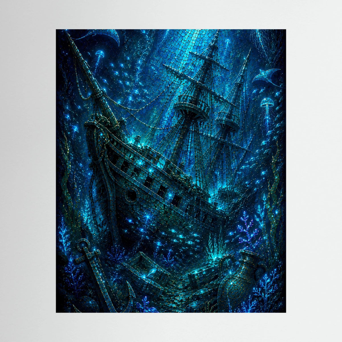 Unge-rahmtes Kunstposter mit blauem versunkenem Geisterschiff und Lichtpunkten