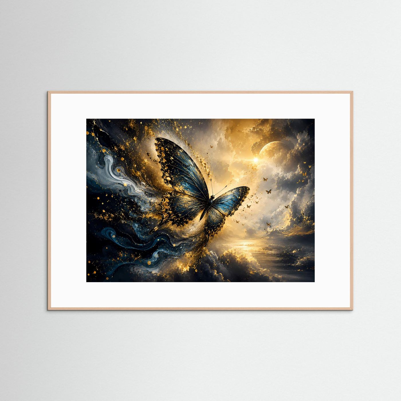 Blauer Schmetterling Poster | Mystische Schmetterling Wandkunst | Goldene Abstrakte Fantasy Kunst | Elegantes Modernes Wandbild