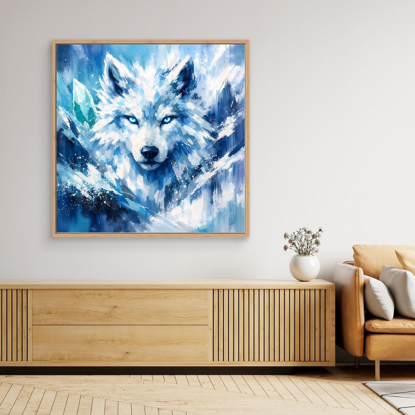 Wandbild mit abstraktem Eiswolf in Blau und Weiß, Holzrahmen
