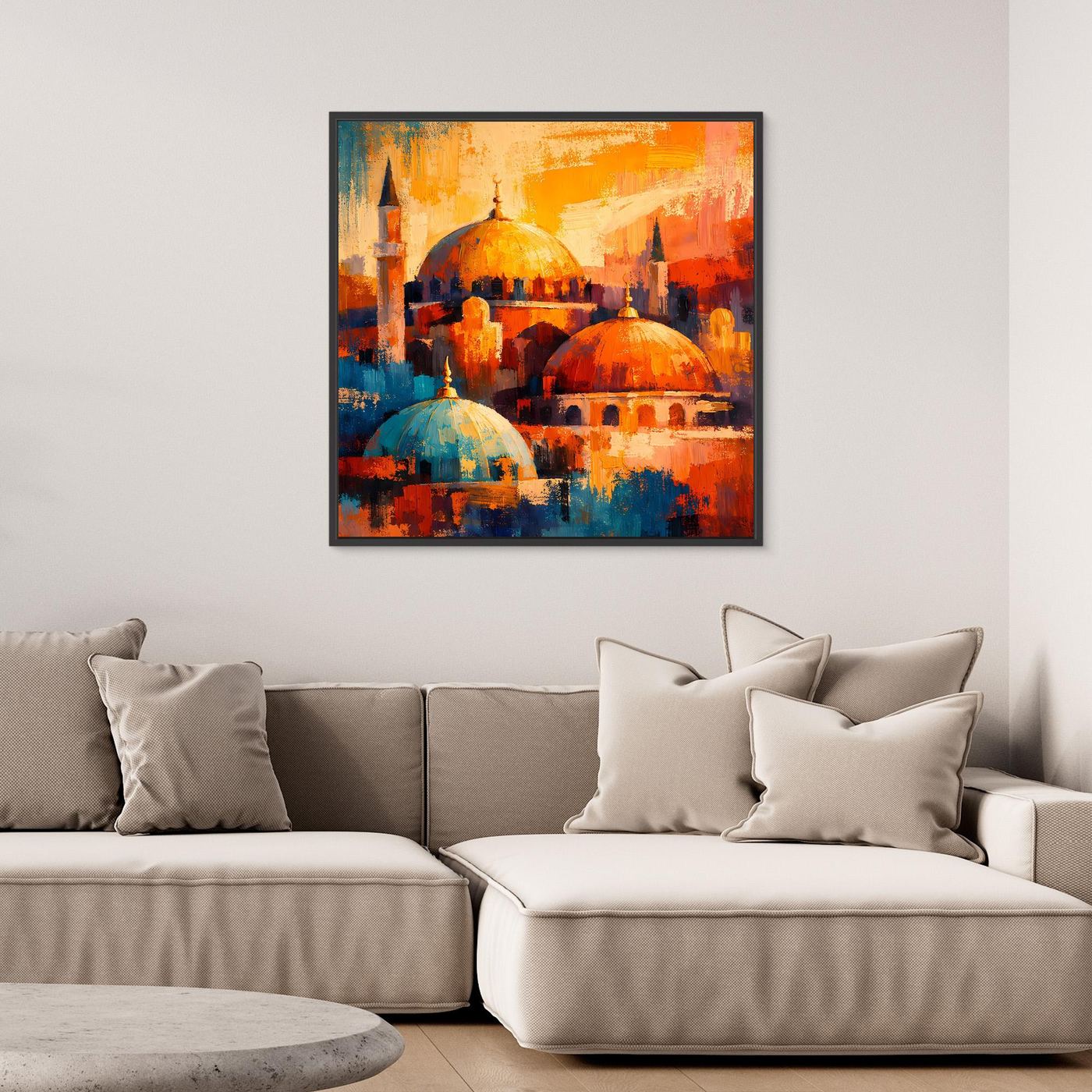 Gerahmtes Leinwandbild mit schwarzer Umrandung: orientalische Moschee, abstrakt in Orange/Blau