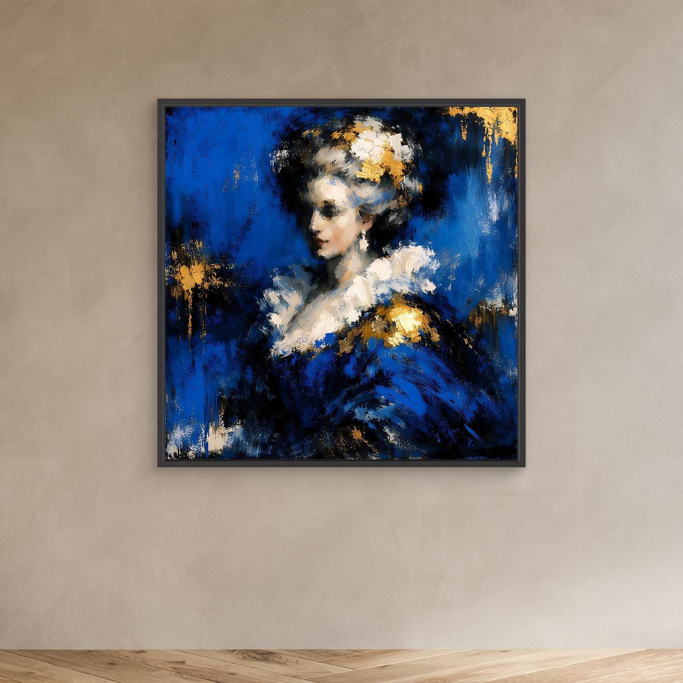 Leinwand Elegante Barock-Dame in Blau und Gold | Abstraktes Porträt Wandbild