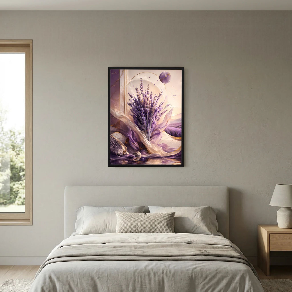 Lavendel-Poster im Hochformat: violette Lavendelähren auf hellen Gold- und Lila-Flächen