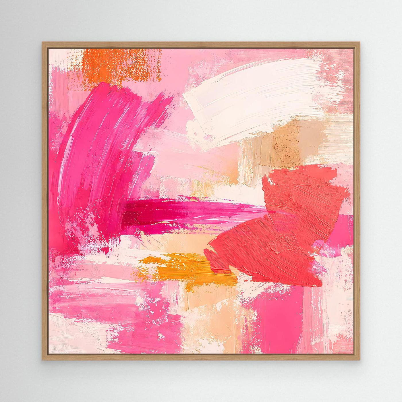 Leinwand-Wandbild abstrakt mit Pinselstrichen in Rosa, Beige und Rot, mit hellem Holzrahmen