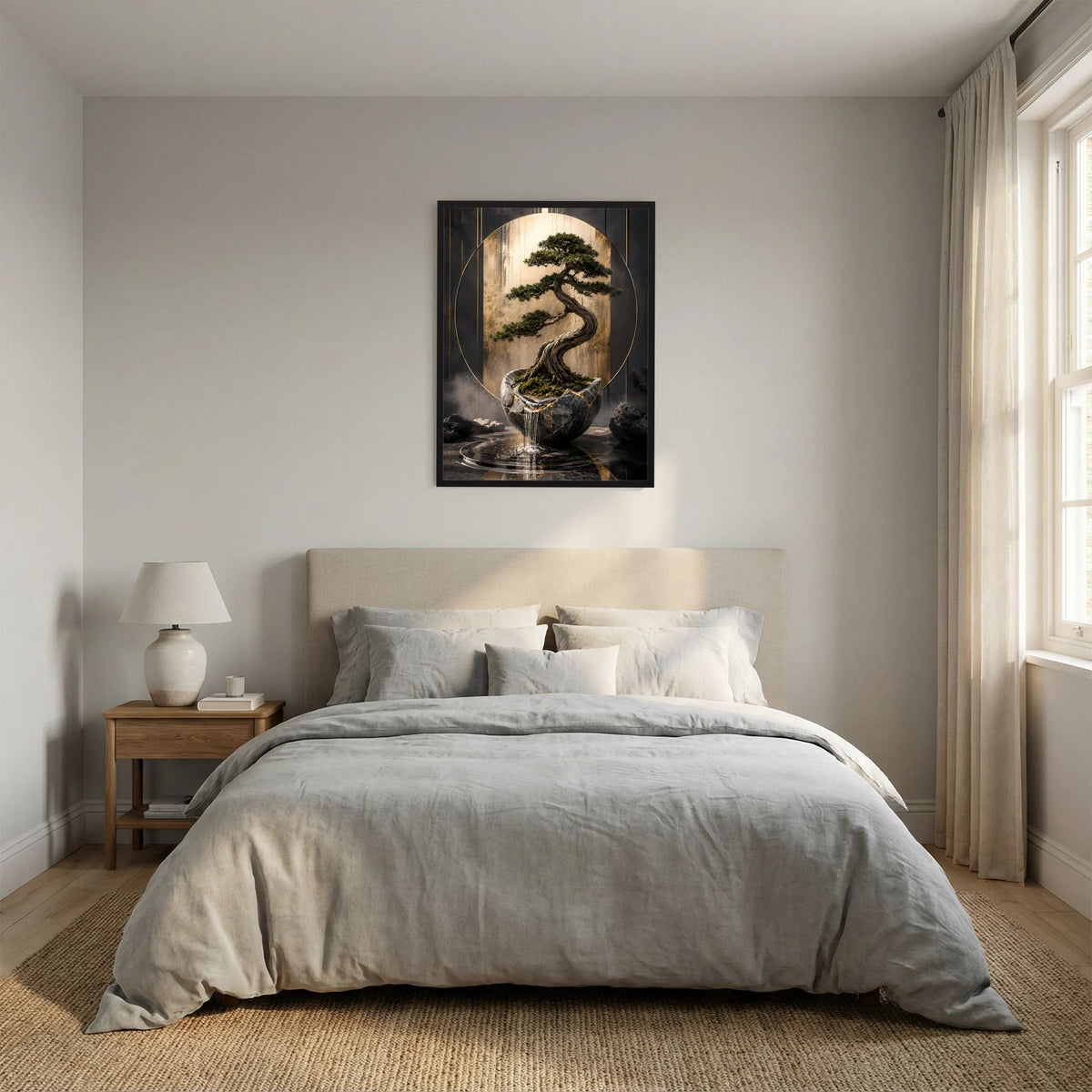 Hochformat-Poster mit Bonsai im runden Bildrahmen, schwarzer Rand, goldgrüne Krone