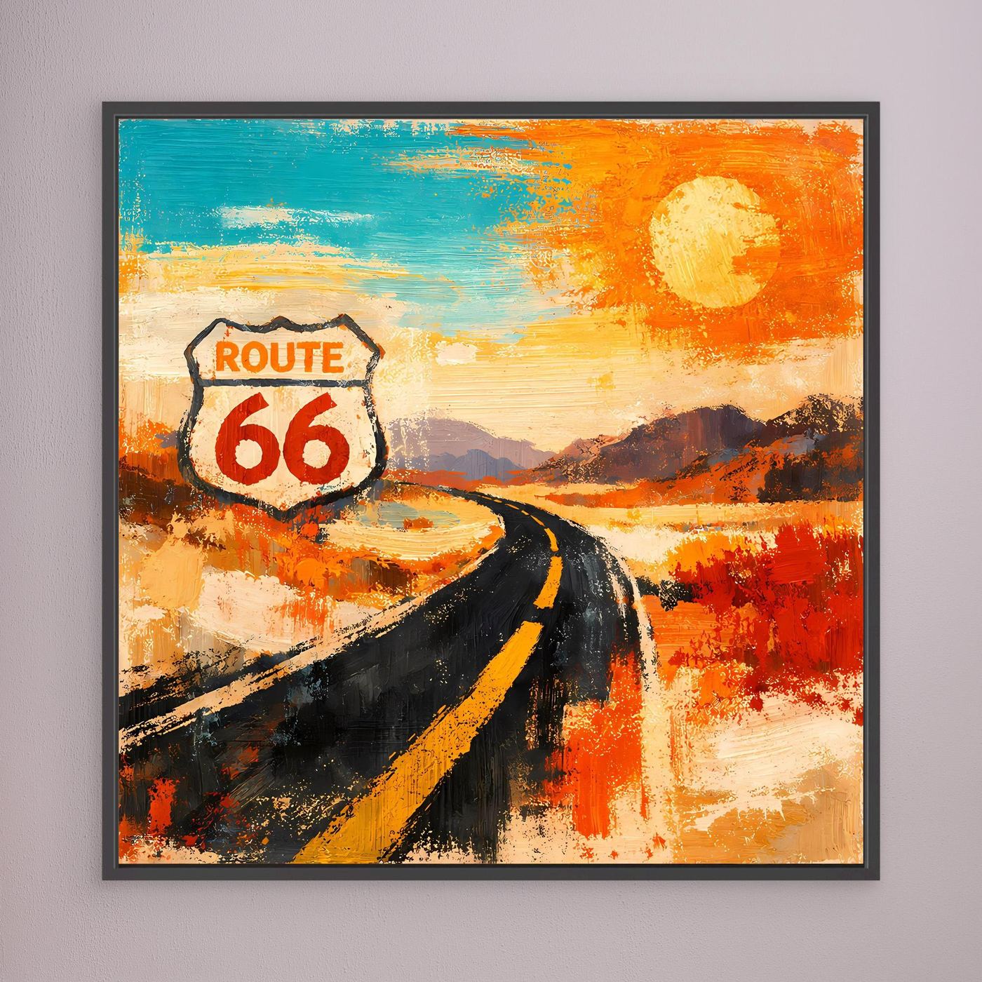 Gerahmtes Leinwandbild mit abstrakter Route-66-Straße und Sonne, schwarzer Rahmen