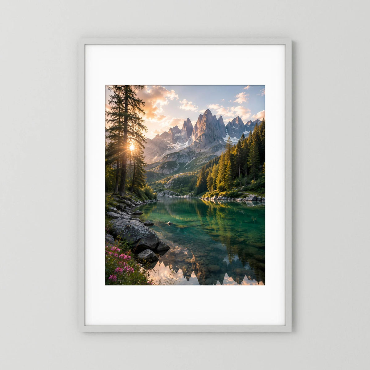Bergsee im Sonnenuntergang | Alpenlandschaft mit Wald & Spiegelung | Poster Hochformat