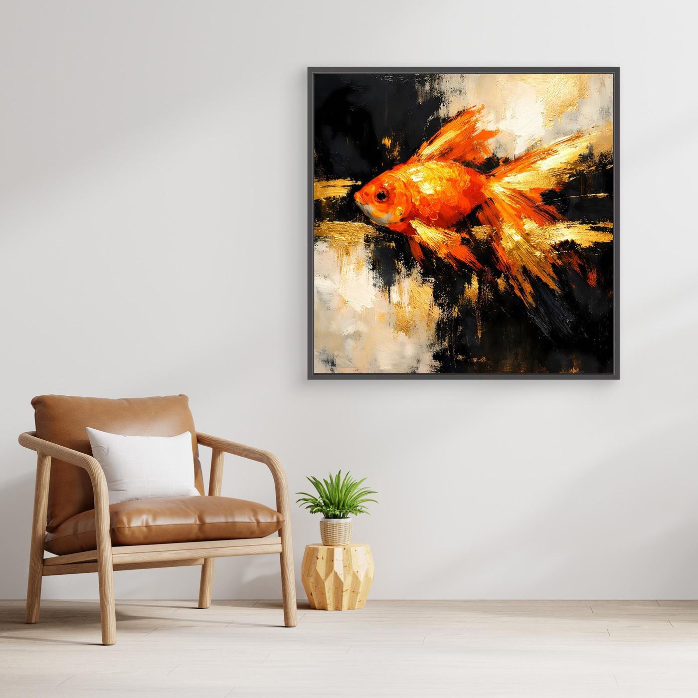 Leinwand Dynamischer Goldfisch in Orange und Gold | Abstraktes Tier Wandbild