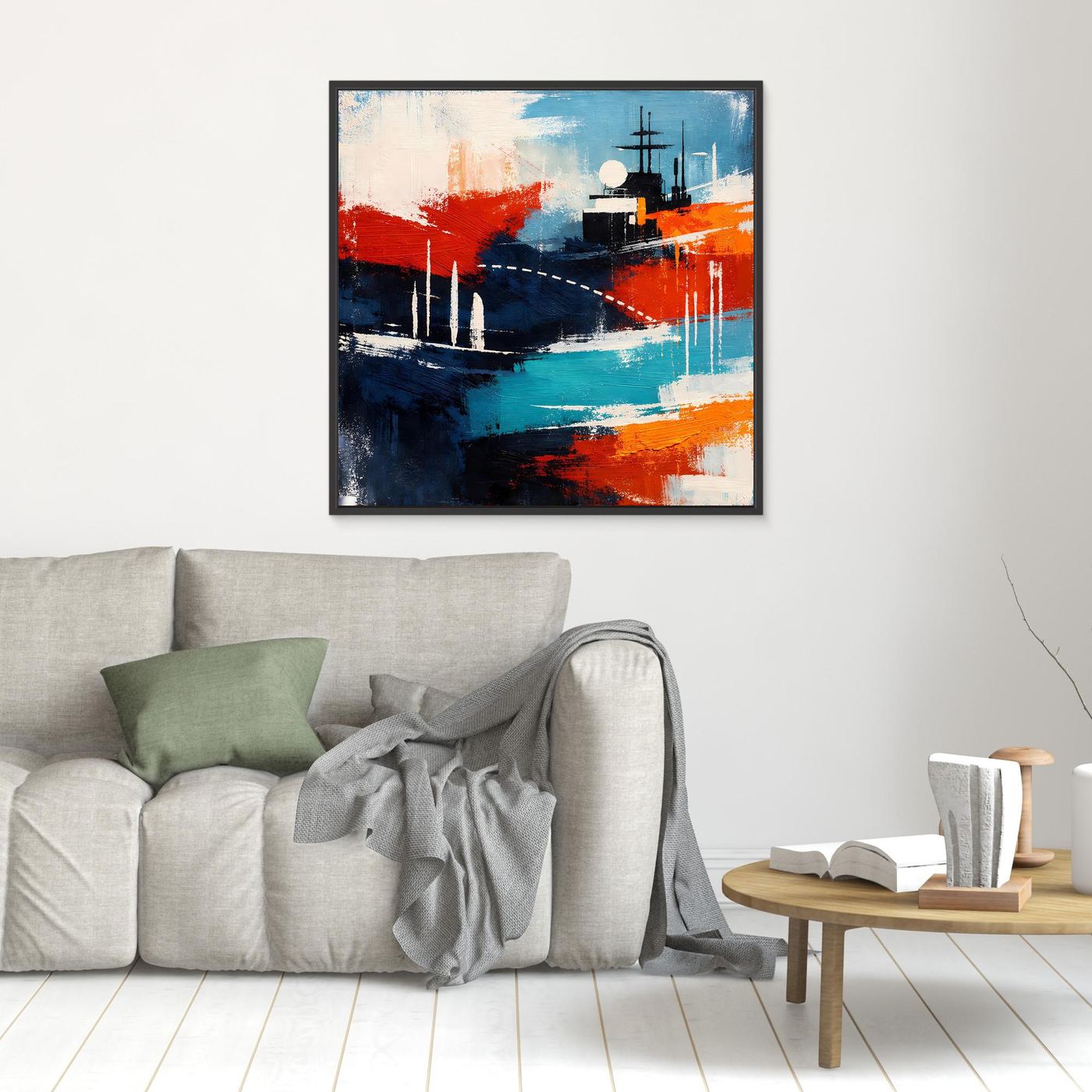 Kleines Leinwand-Wandbild mit abstraktem Schiff in Blau und Rot, schwarz gerahmt