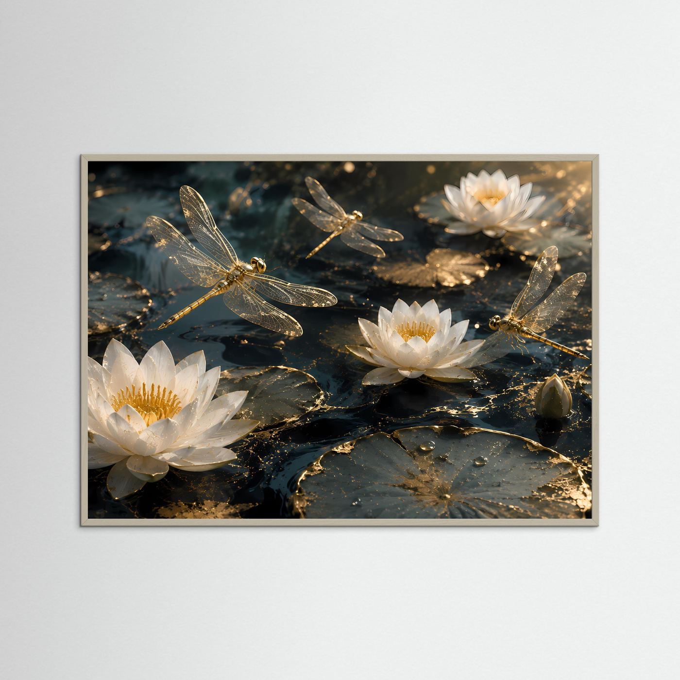 Weiße Lotusblüten Poster | Goldene Libellen über Seerosen | Elegantes Zen Wandbild | Luxuriöse Botanische Wandkunst | Premium Wall Art