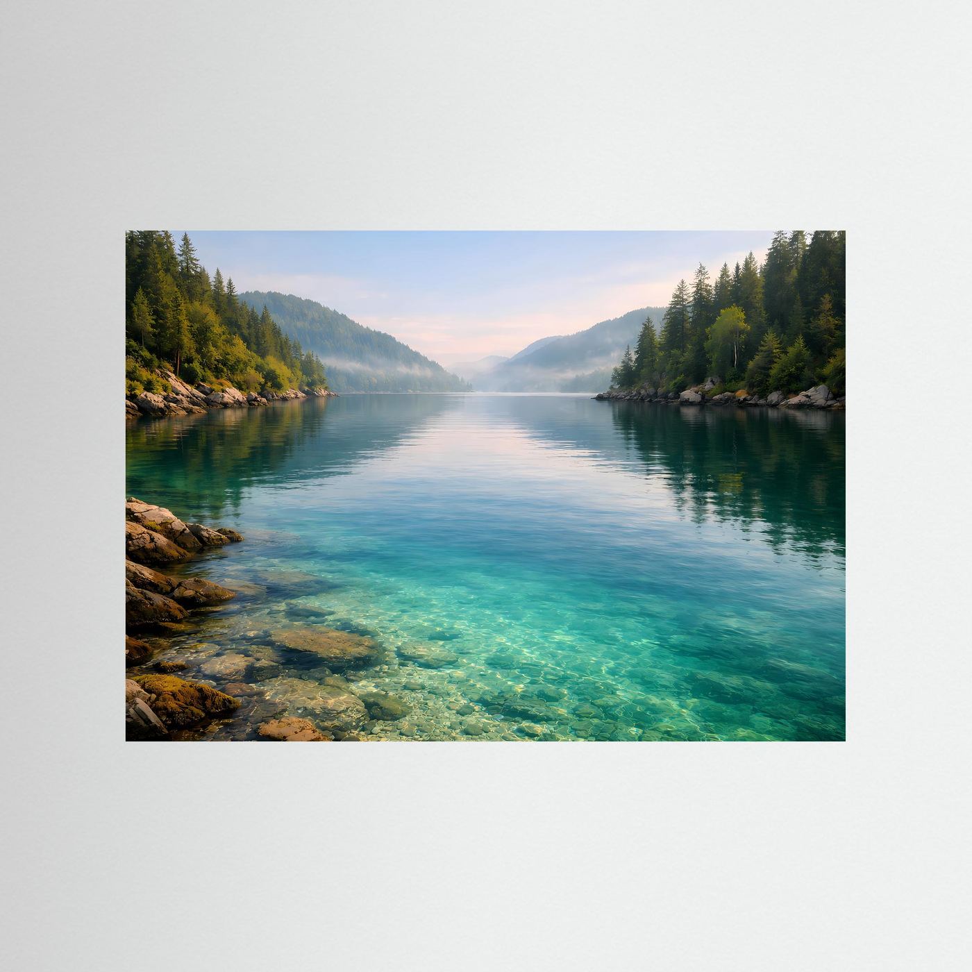 Kristallklarer Bergsee im Morgennebel | Natur & Landschafts-Poster Querformat