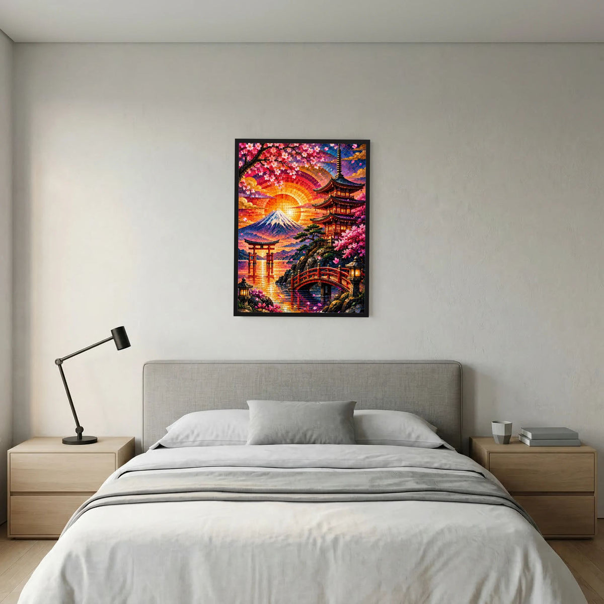 Gerahmtes Poster mit Mosaikszene: leuchtende Sonne, Fuji und Pagode, Kirschblüten im Abendhimmel