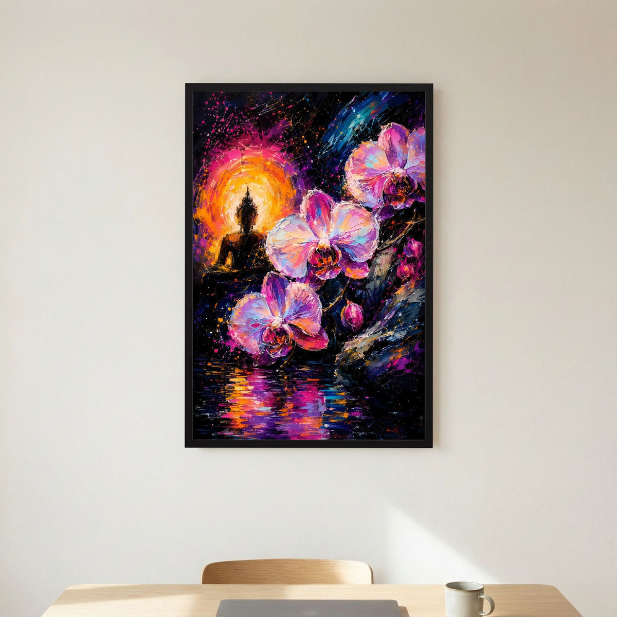 Poster mit Buddha-Silhouette und pinken Orchideen im schwarzen Rahmen