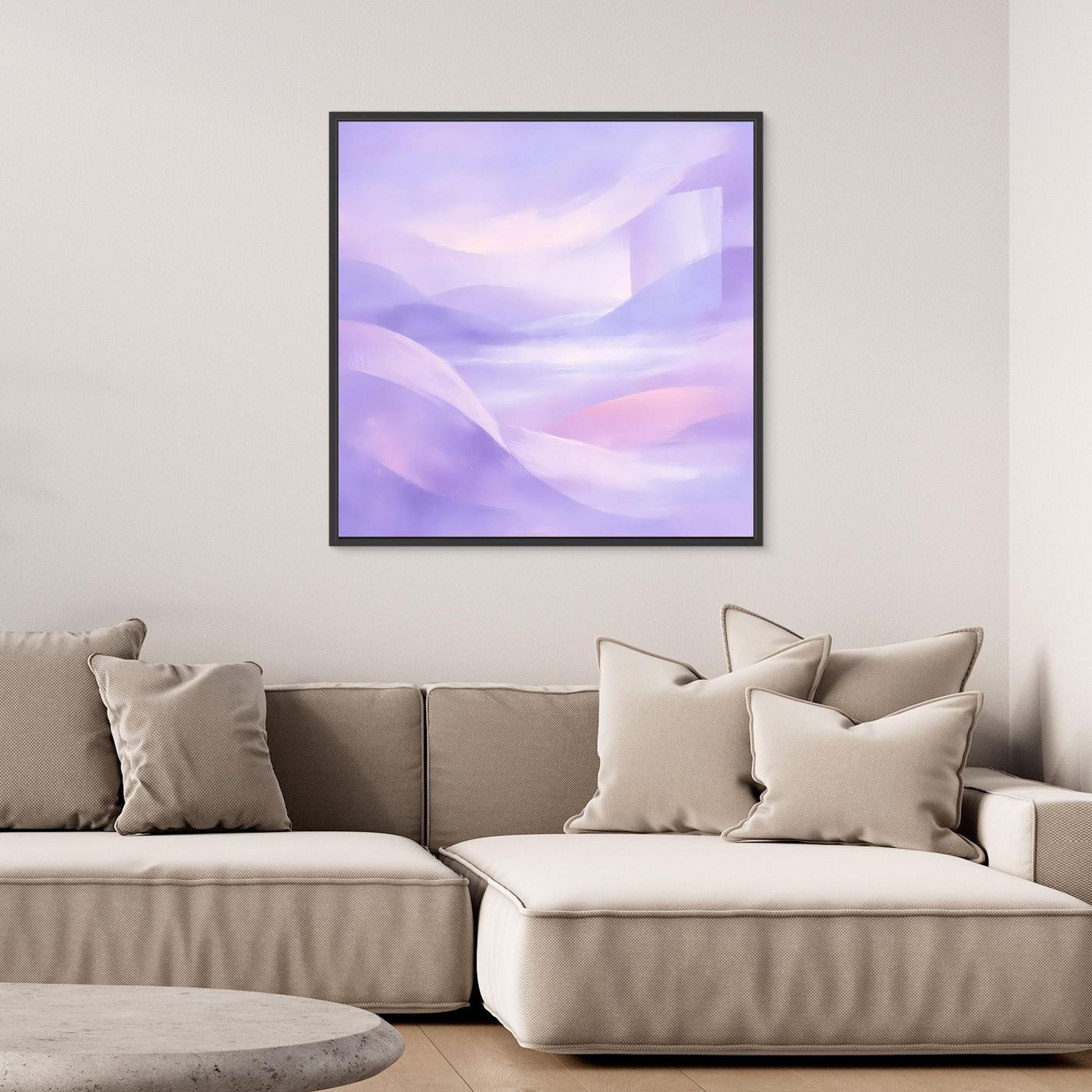 Leinwandbild mit abstraktem Pastellmotiv in Violett und Rosa, mit schwarzem Rahmen