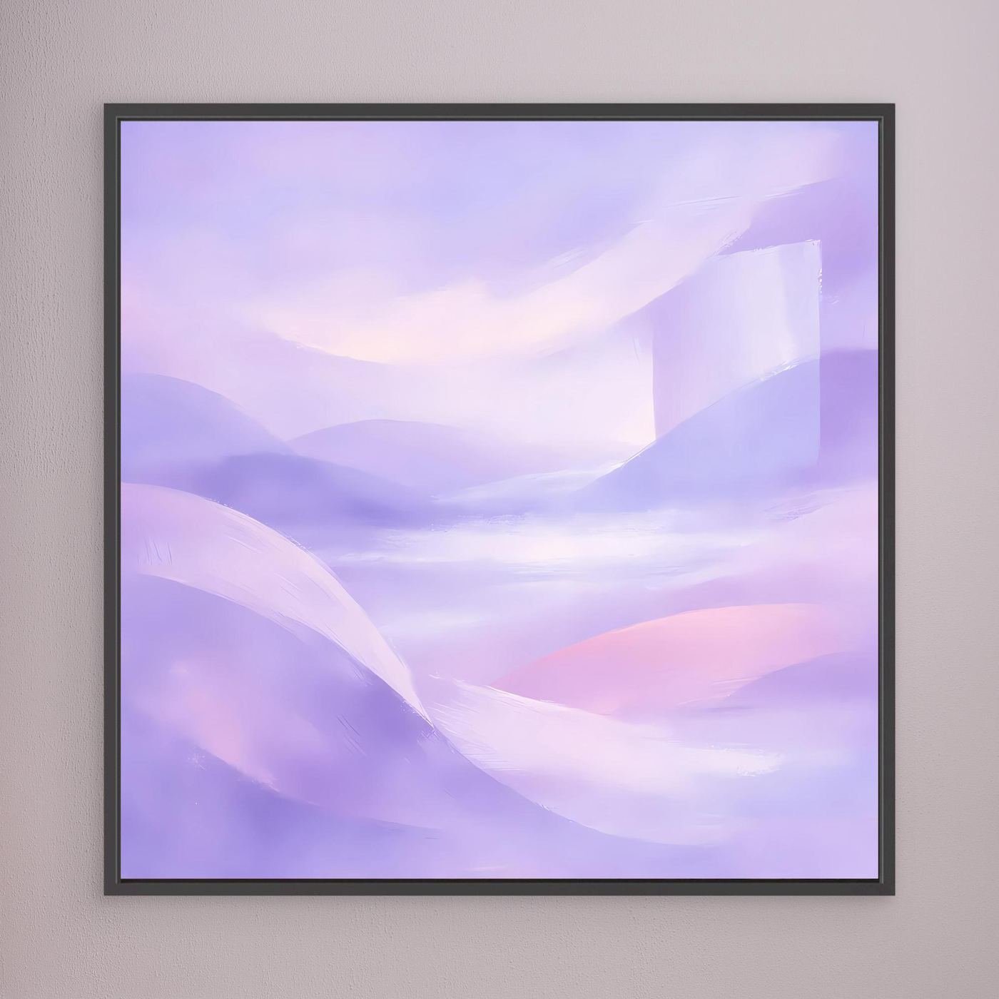 Abstraktes Pastell-Leinwandbild in Violett und Rosa, mit schwarzem Rahmen
