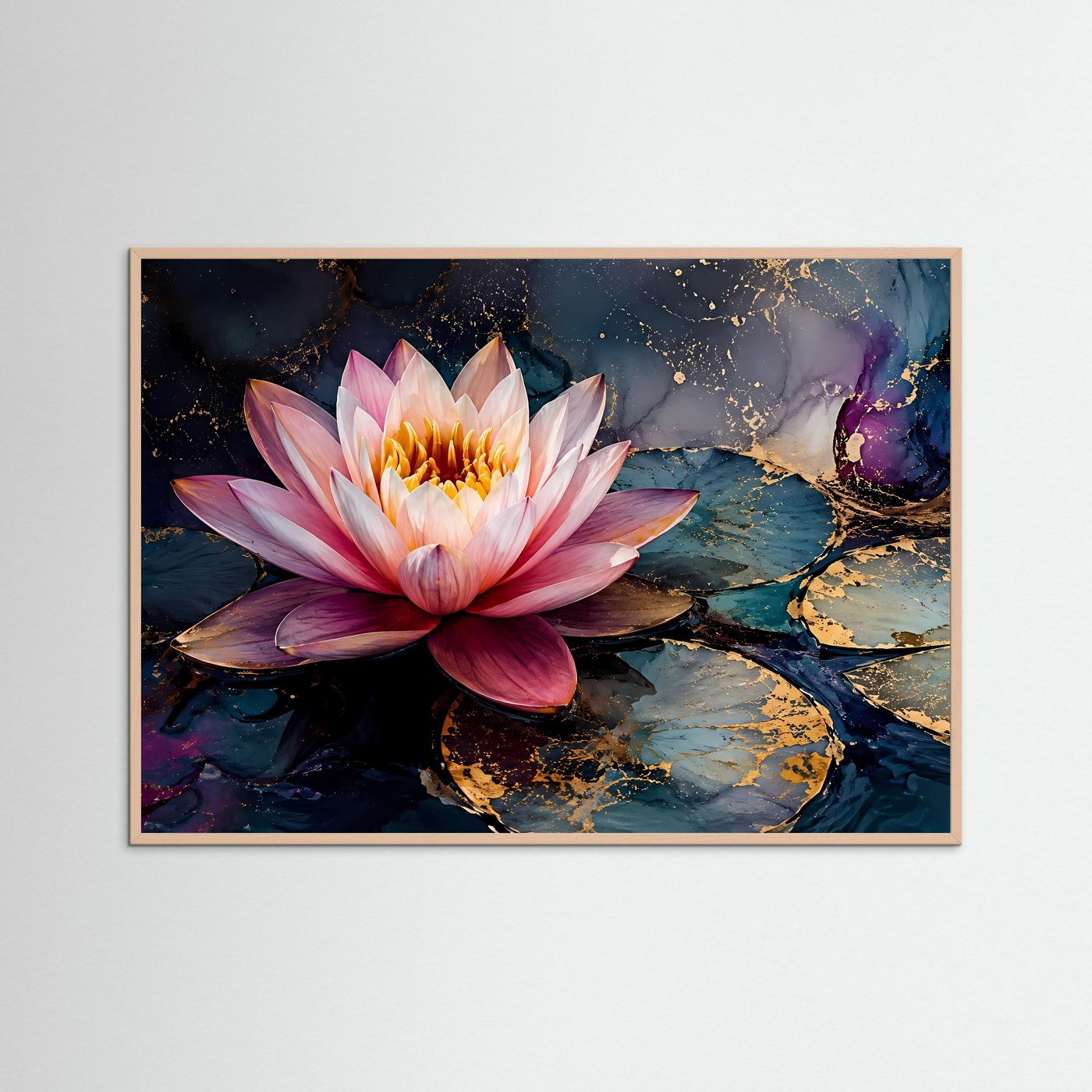 Edle Lotusblüte in Gold & Blau | Modernes Abstraktes Seerosen Poster Querformat