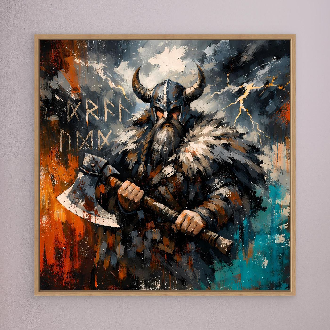 Wandbild mit Wikingerkrieger im Fellhelm und Streitaxt, braun gerahmt, abstrakt in Blau und Orange