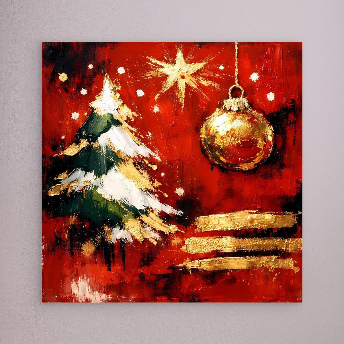 Leinwand-Wandbild mit abstraktem Weihnachtsbaum in Rot und Gold, ohne sichtbaren Rahmen.