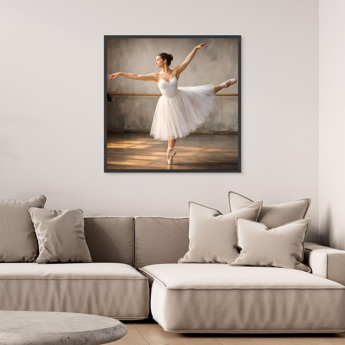 Gerahmtes Leinwandbild mit Ballerina im weißen Tutu, dunkler Rahmen