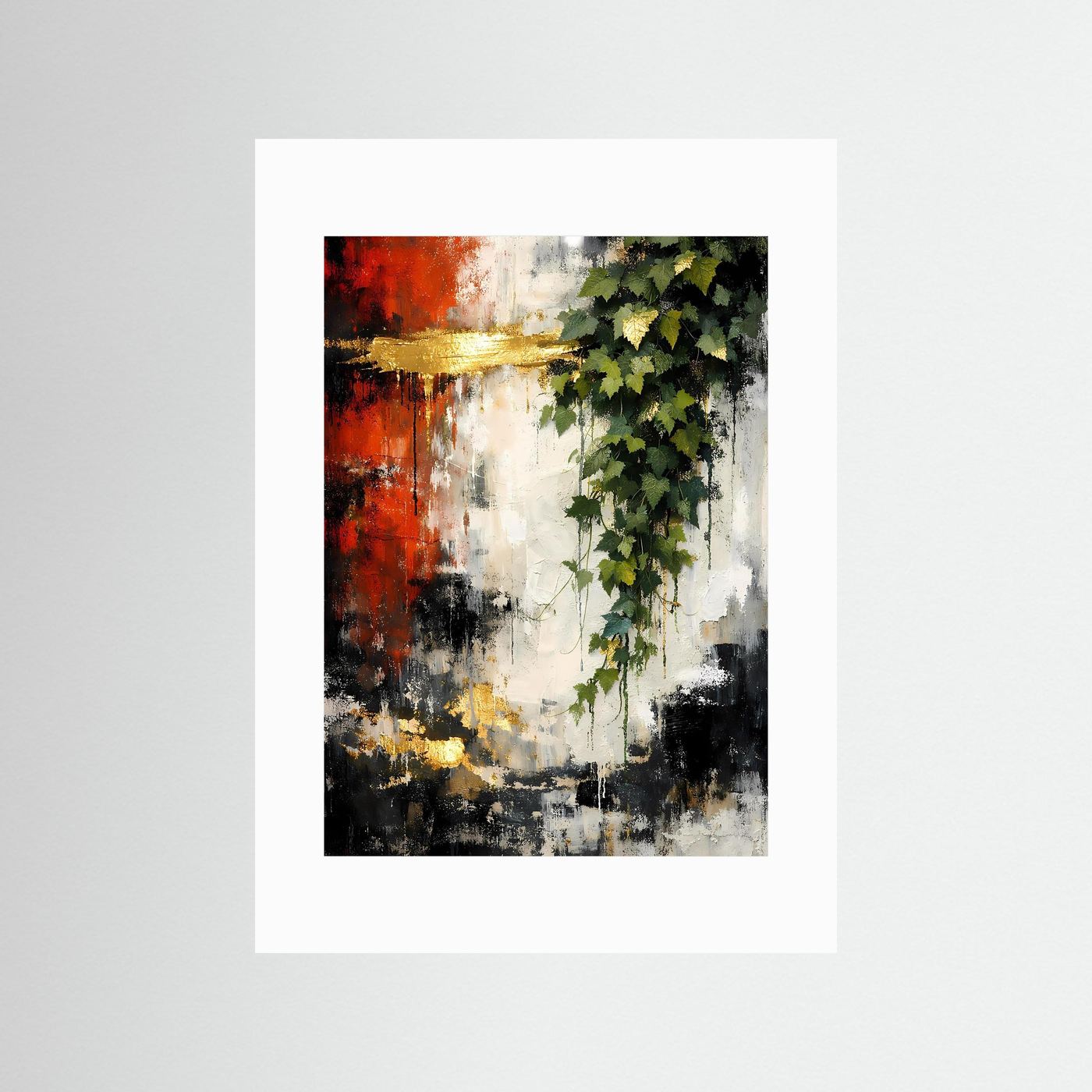 Kunstposter im Hochformat mit Efeublättern und Goldakzenten, ohne Rahmen, mit weißem Rand