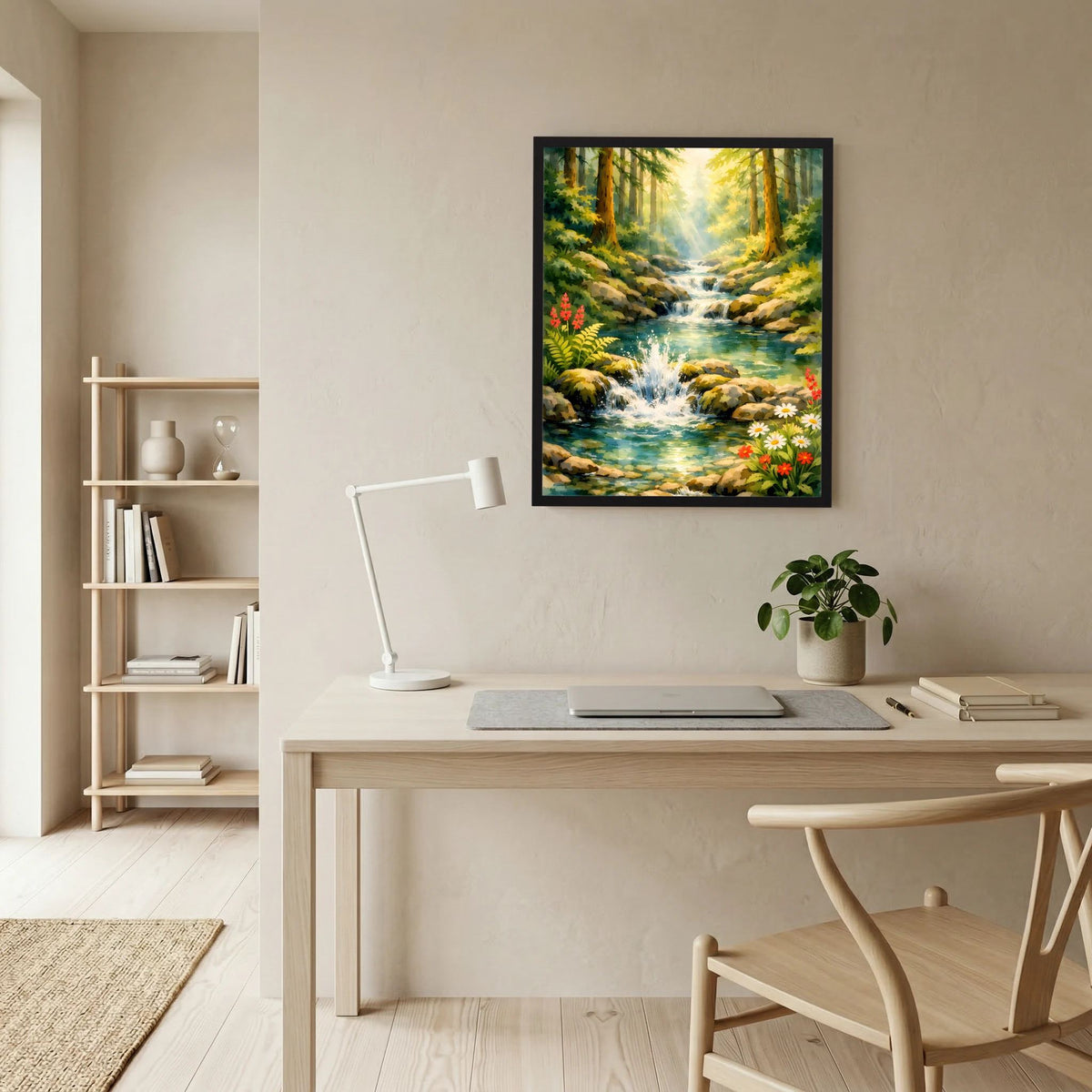 Gerahmtes Hochformat-Poster: Fluss im Wald mit Wasserfall und Blüten