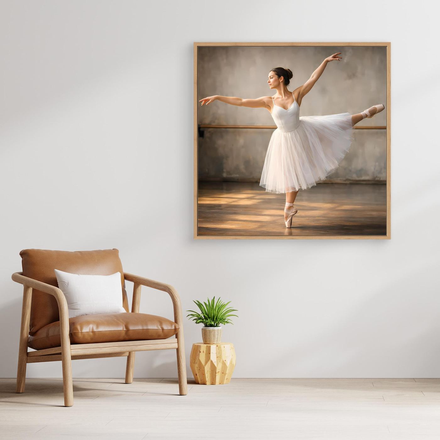 Gerahmtes Leinwandbild: Ballerina im weißen Tutu, goldbrauner Holzrahmen