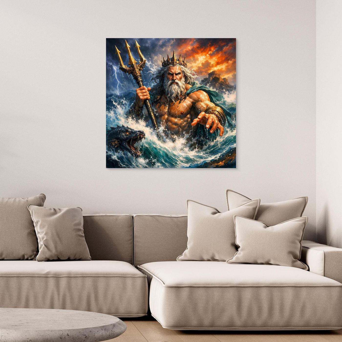 Leinwand Monumentaler Poseidon im Wellenrausch | Mythisches Meeresgott Wandbild
