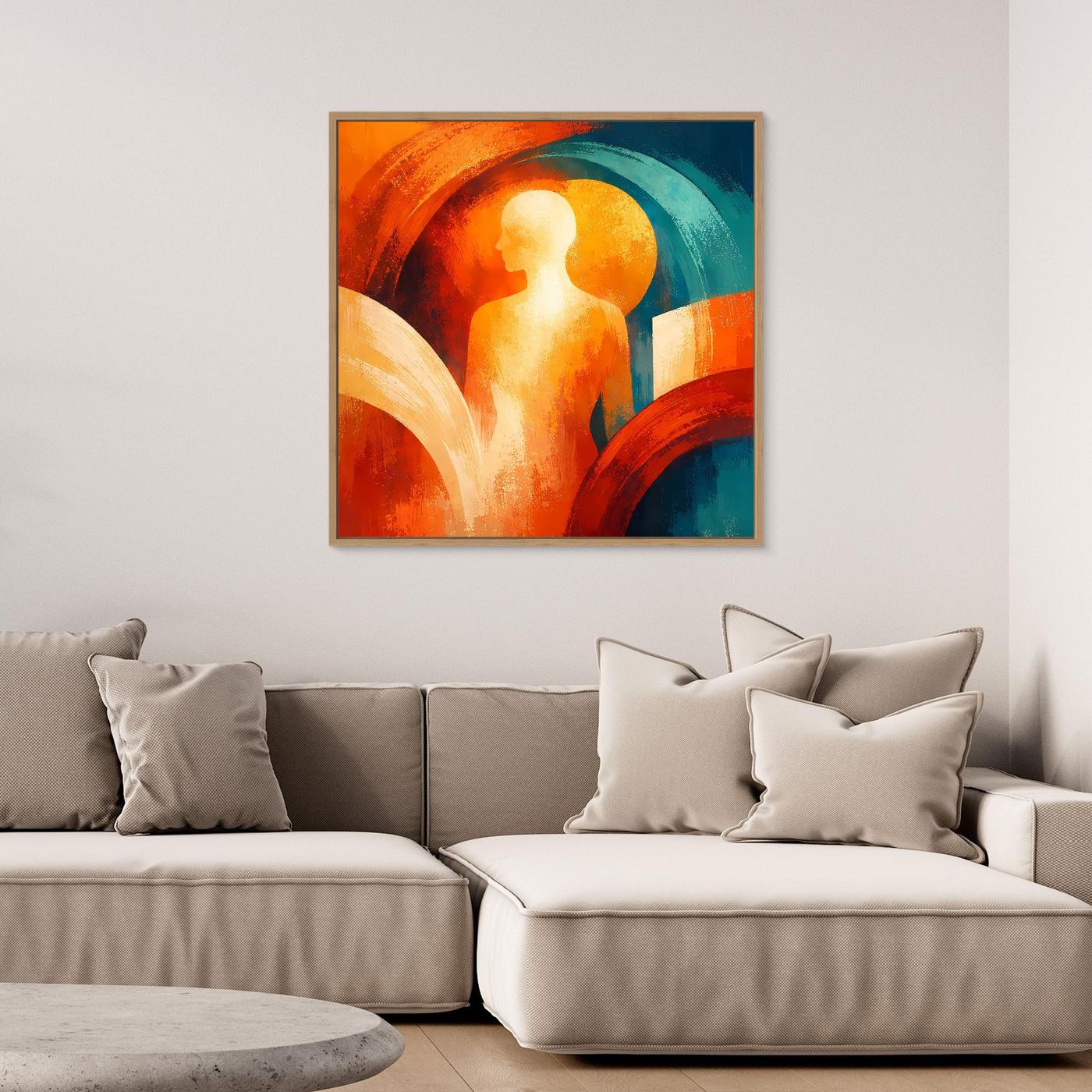 Abstraktes Wandbild mit Silhouette vor orange-blauem Kreis und geschwungenen roten und blauen Bögen